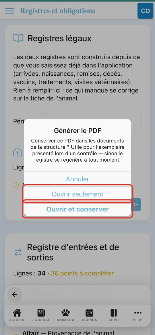 Capture de l'application : Fenêtre « Générer le PDF » : Annuler, Ouvrir seulement, Ouvrir et conserver