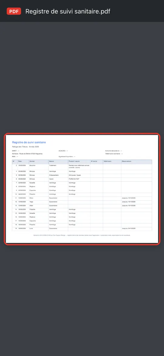 Capture de l'application : Aperçu du PDF du registre de suivi sanitaire