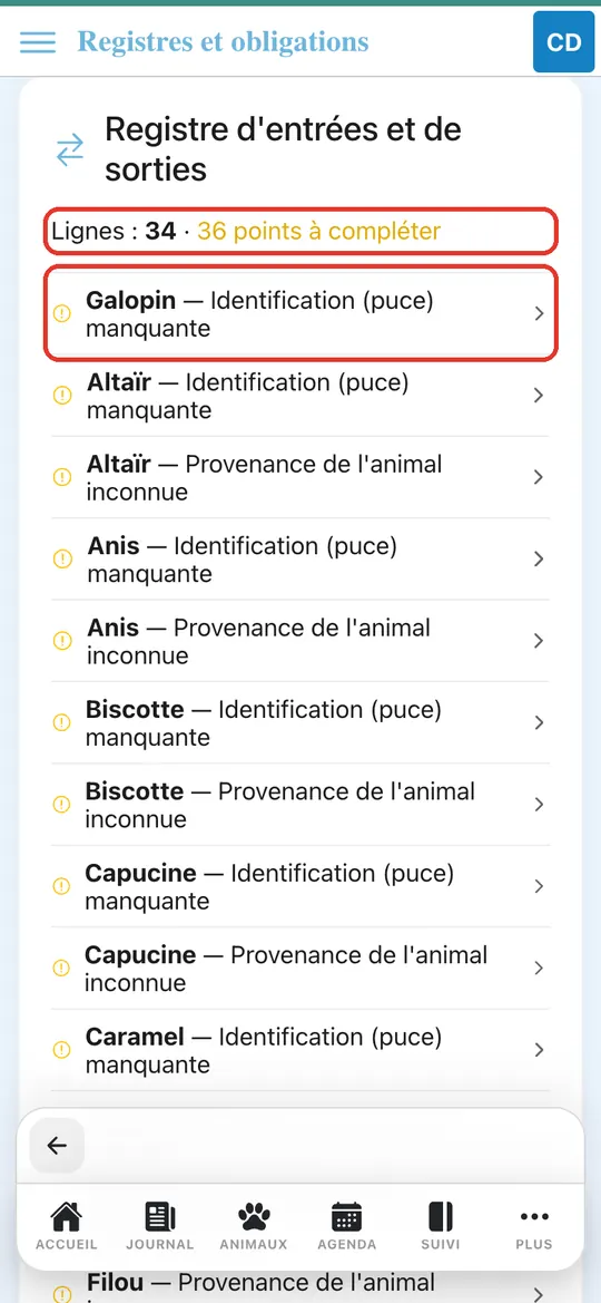 Capture de l'application : Carte Registre d'entrées et de sorties : lignes et points à compléter ; point « Galopin — Identification (puce) manquante », sans alerte de provenance