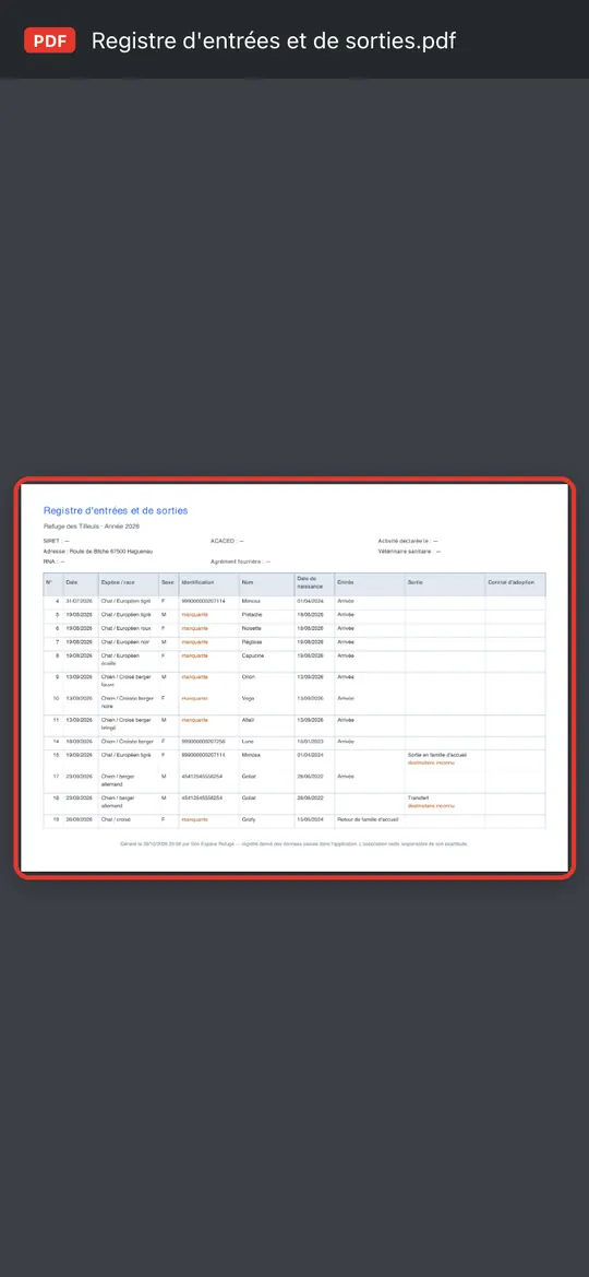 Capture de l'application : Aperçu du PDF du registre d'entrées et de sorties