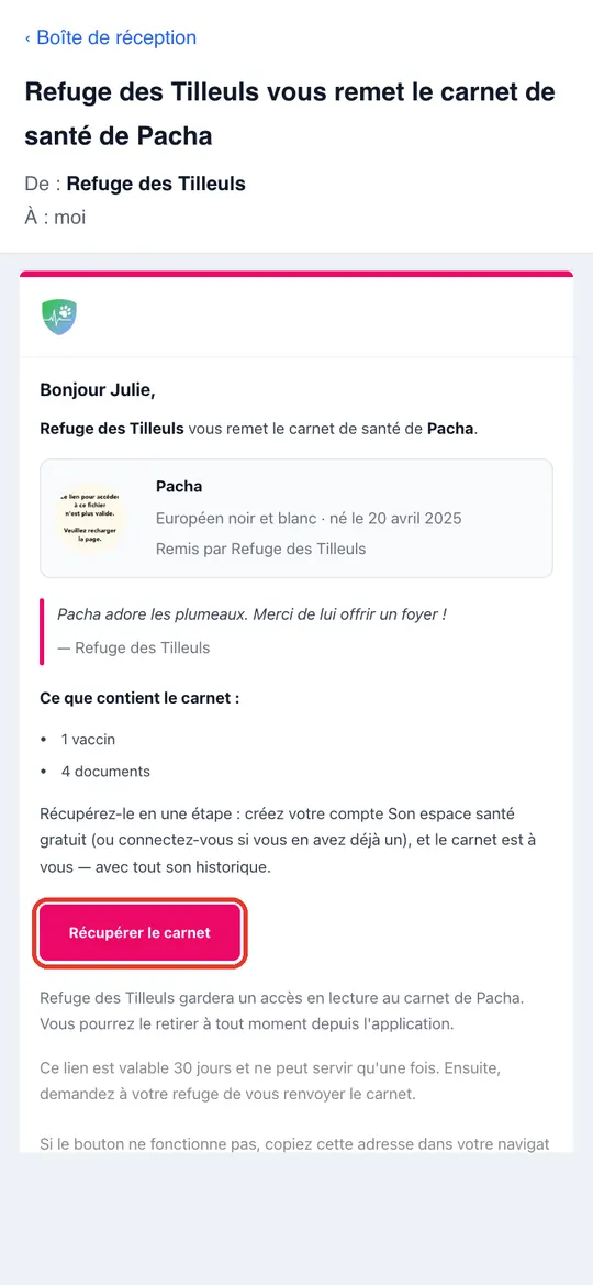 Capture de l'application : Bouton « Récupérer le carnet » dans l'email