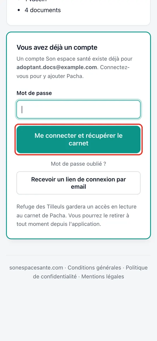 Capture de l'application : Page du carnet : « Vous avez déjà un compte », champ mot de passe, bouton
