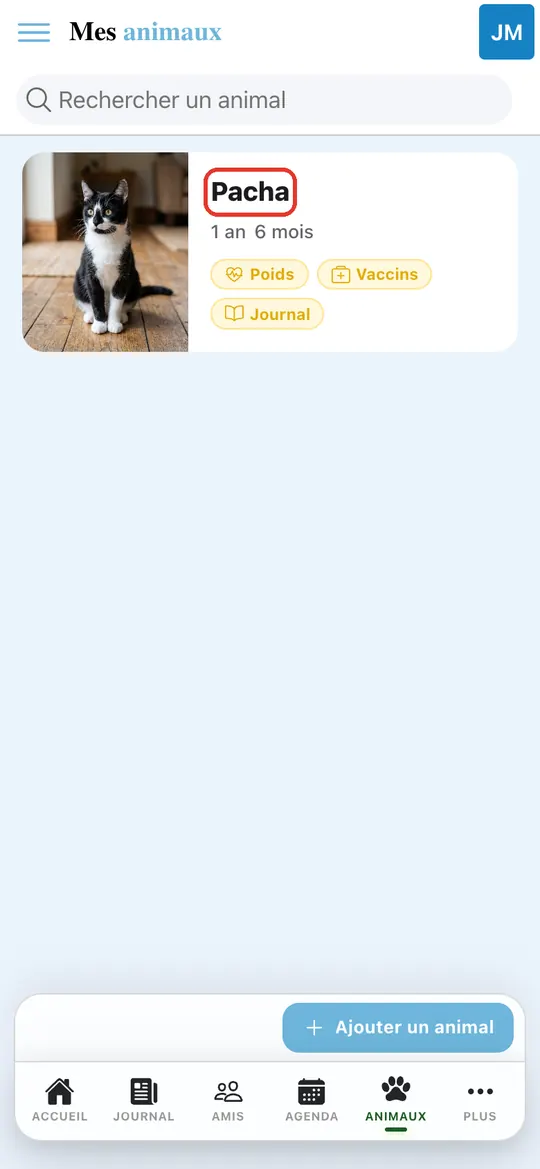 Capture de l'application : Son Espace Santé, onglet Animaux : Pacha