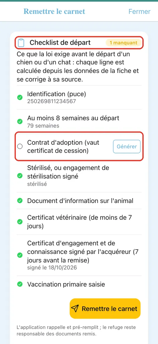 Capture de l'application : Checklist : 1 manquant, ligne « Contrat d'adoption »