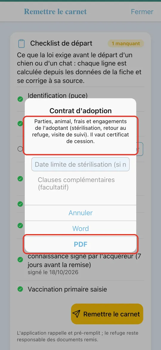 Capture de l'application : Fenêtre « Contrat d'adoption » : date limite de stérilisation, clauses, PDF