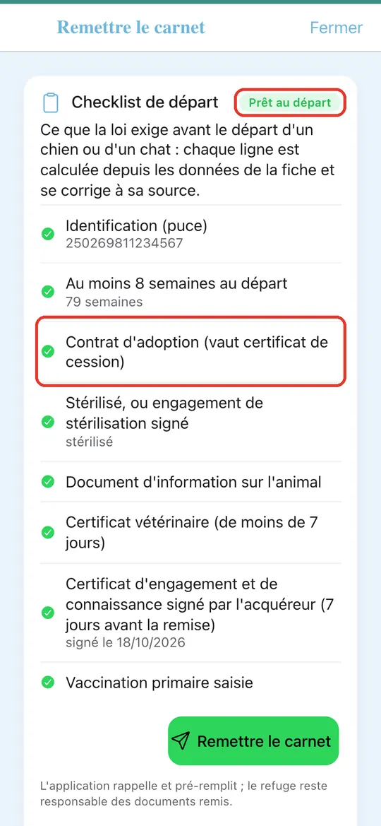 Capture de l'application : Pastille verte « Prêt au départ », contrat coché