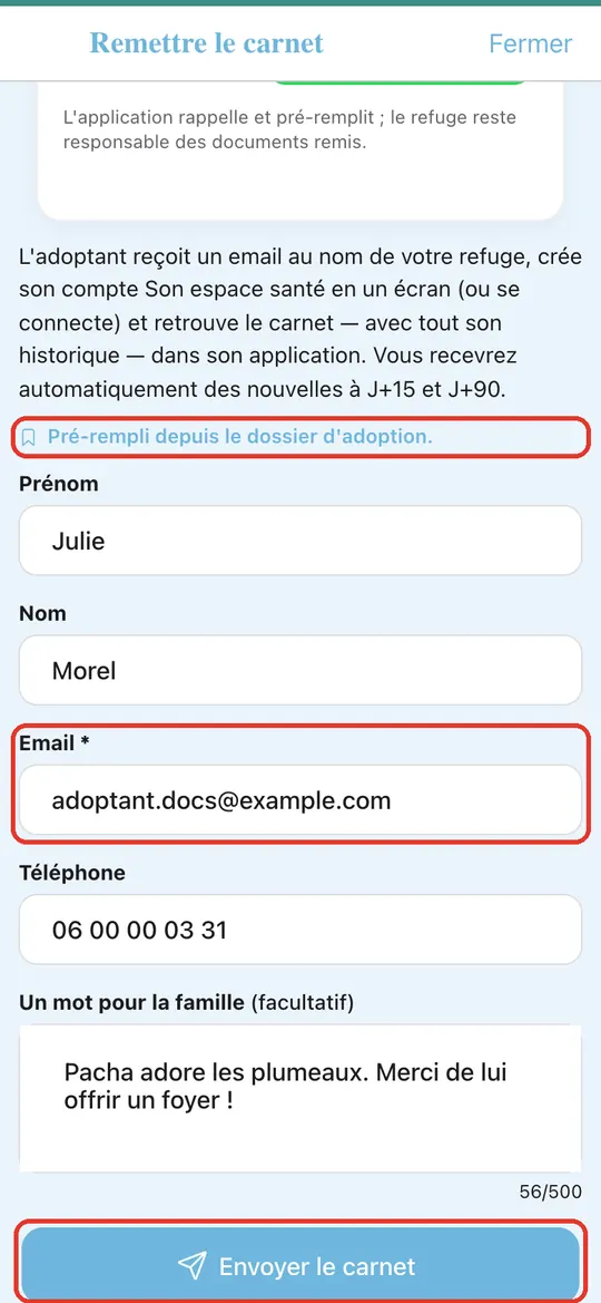 Capture de l'application : Prénom, nom, email, téléphone de Julie ; message saisi