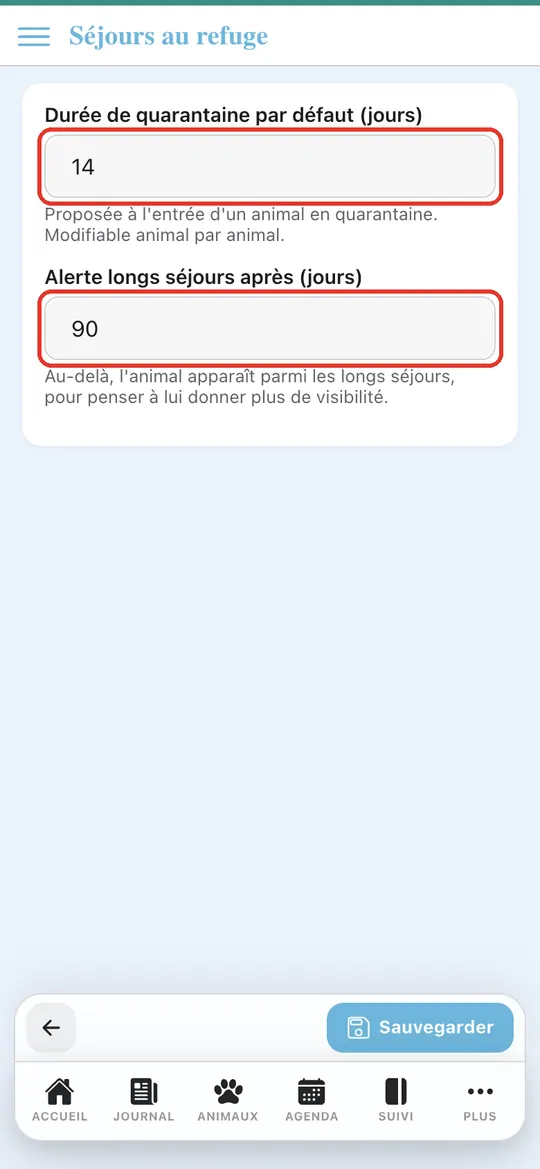 Capture de l'application : Page Séjours au refuge : champs à 14 et 90