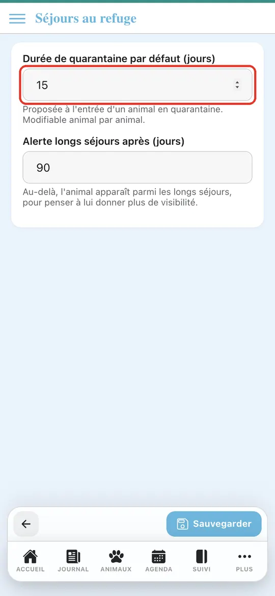 Capture de l'application : Saisie de 15 dans « Durée de quarantaine par défaut (jours) »