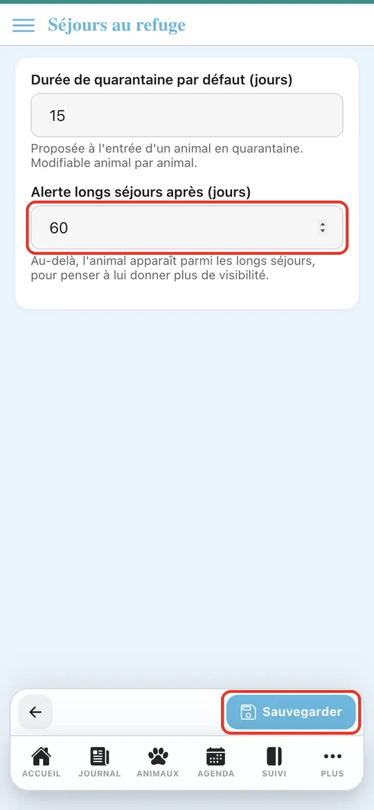 Capture de l'application : Saisie de 60 dans « Alerte longs séjours après (jours) », puis appui sur « Sauvegarder »
