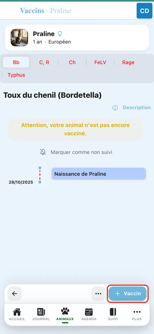 Capture de l'application : Carnet de vaccination de Praline, onglets par maladie, bouton Vaccin