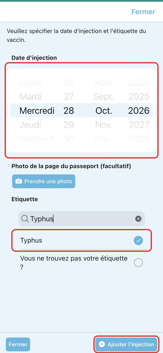 Capture de l'application : Date d'injection, étiquette du vaccin (Typhus), bouton Ajouter l'injection