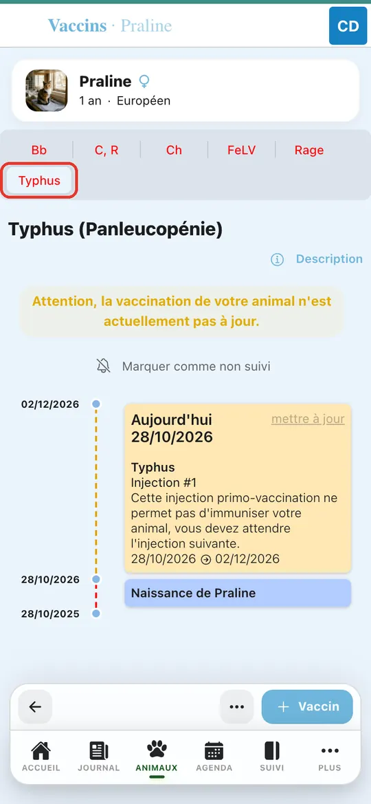 Capture de l'application : Carnet mis à jour avec l'injection du jour