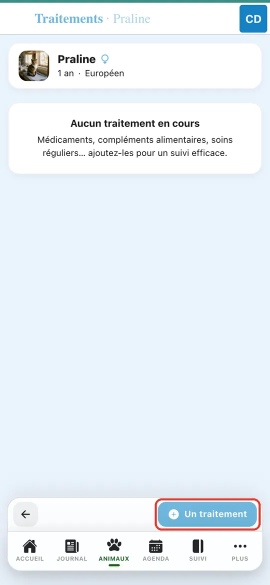 Capture de l'application : Page Traitements de Praline, bouton Un traitement