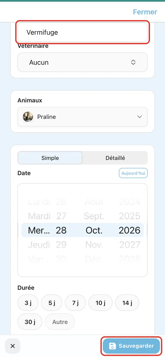 Capture de l'application : Formulaire de traitement : titre Vermifuge