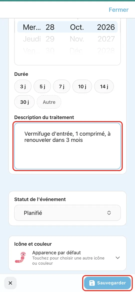 Capture de l'application : Description du traitement, bouton Sauvegarder