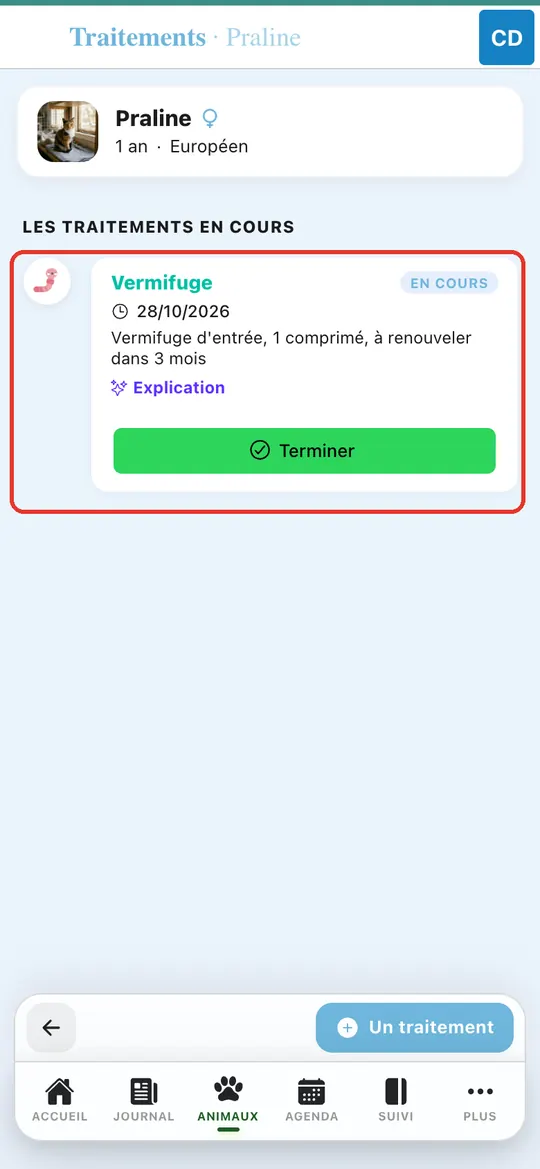 Capture de l'application : Liste des traitements avec le vermifuge