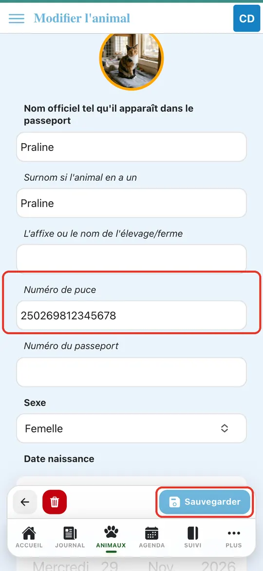 Capture de l'application : Formulaire de la fiche, champ Numéro de puce rempli, bouton Sauvegarder