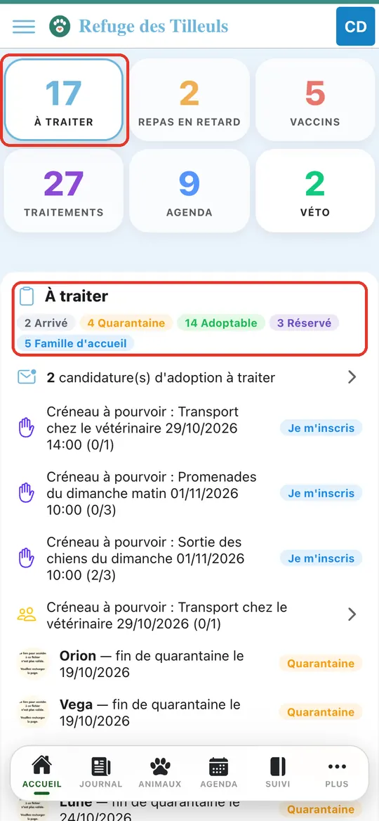 Capture de l'application : Appui sur la tuile À traiter ; en-tête du bloc avec les compteurs par statut