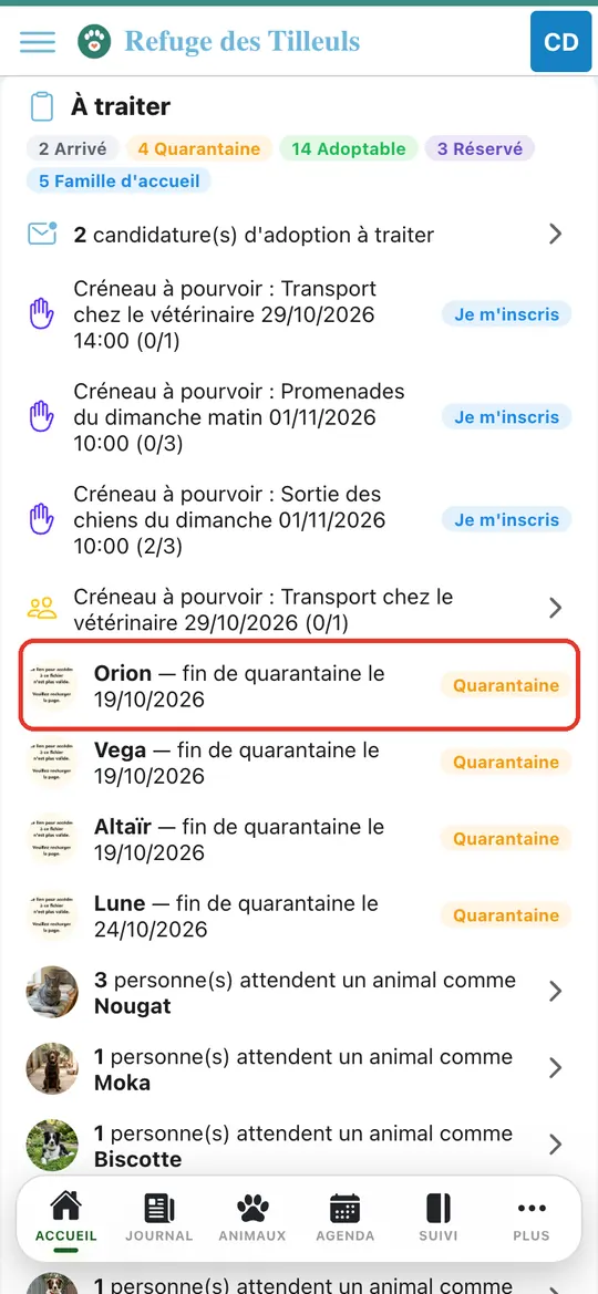 Capture de l'application : Lignes « fin de quarantaine le … » avec le badge Quarantaine