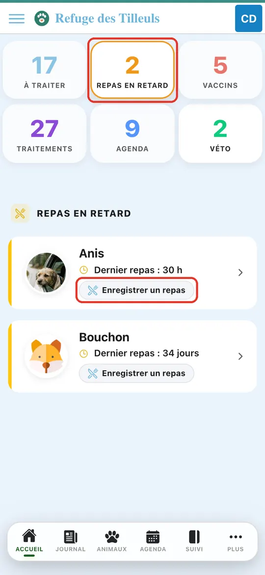 Capture de l'application : Tuile Repas en retard ; Anis en tête de liste, appui sur Enregistrer un repas