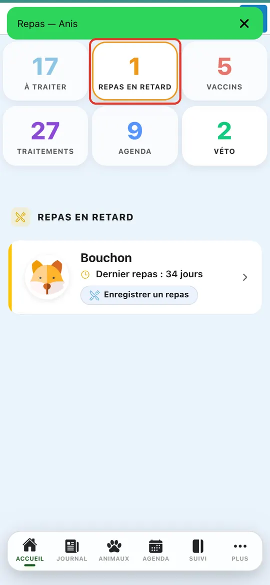 Capture de l'application : Message « Repas — Anis », compteur de la tuile diminué
