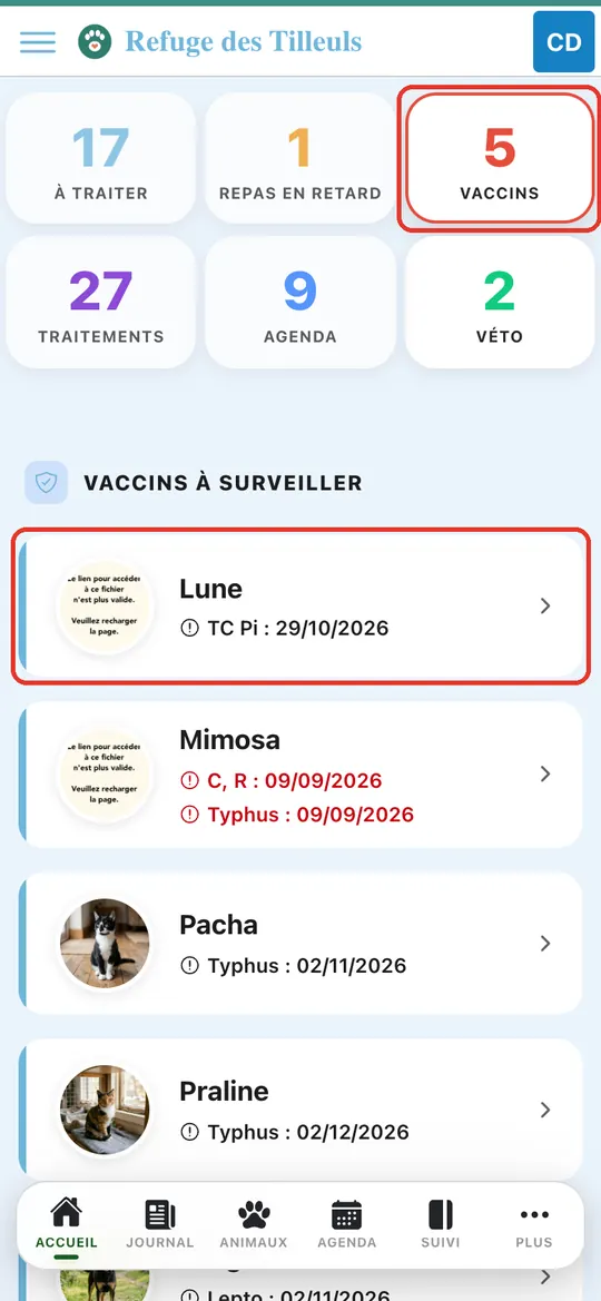 Capture de l'application : Tuile Vaccins ; cartes des animaux avec la date du rappel