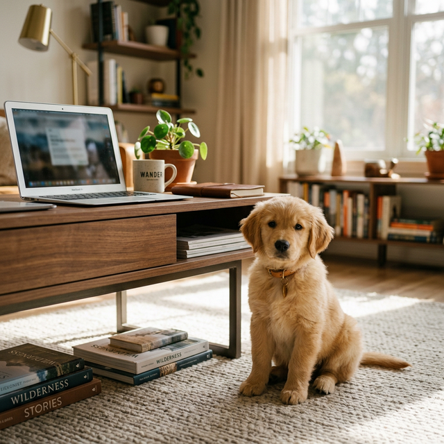 Un chiot attend à côté de l'ordinateur où arrivent les réservations
