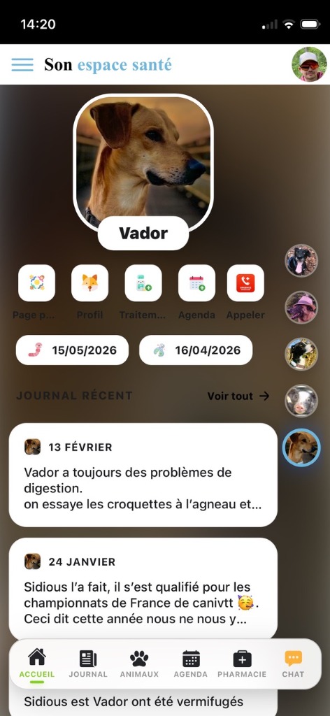 Tableau de bord multi-animaux : raccourcis profil, traitements, agenda, appel